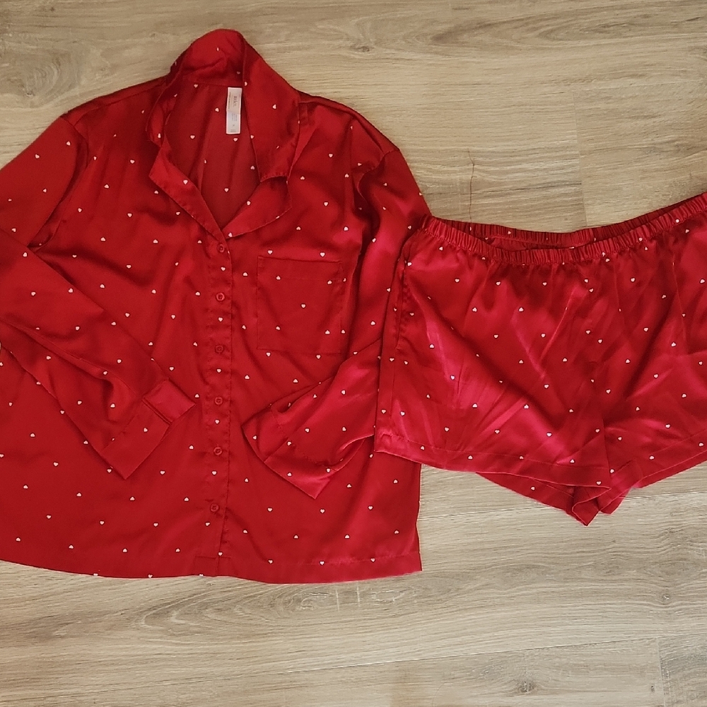 Red Satin Heart-Print Pajama Set - Women's Sleepwear